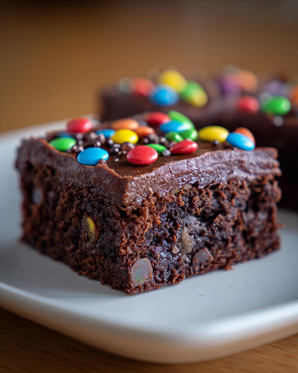 Close-up of a fudgy cosmic brownies square topped with chocolate frosting and colorful candy-coated chocolates.