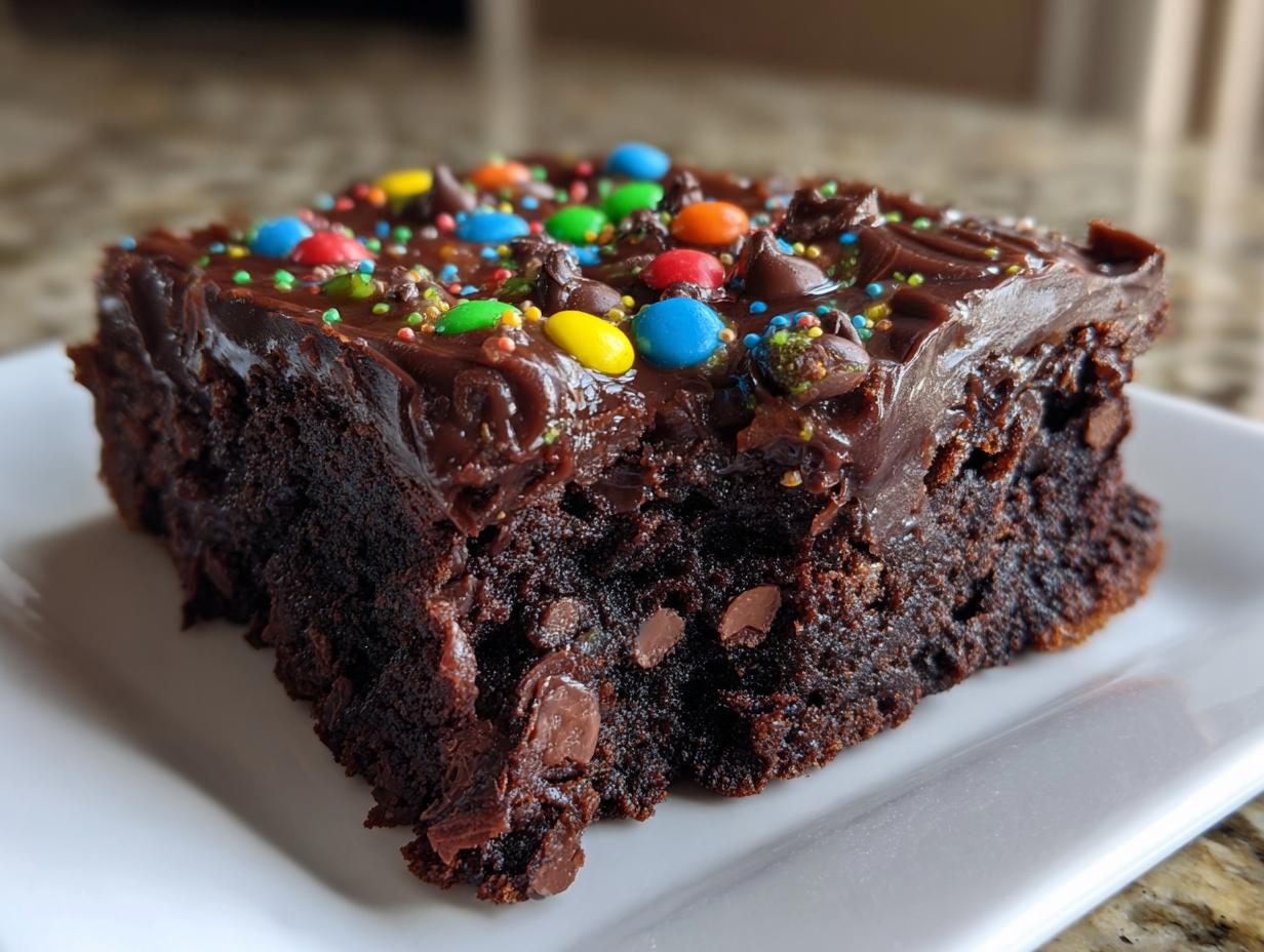 A close-up of a thick, fudgy slice of cosmic brownies topped with chocolate frosting and colorful candies.