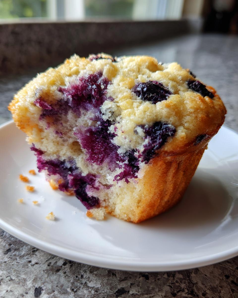 A close-up view of a fluffy cottage cheese blueberry muffin, cut in half to show the moist interior and burst blueberries.