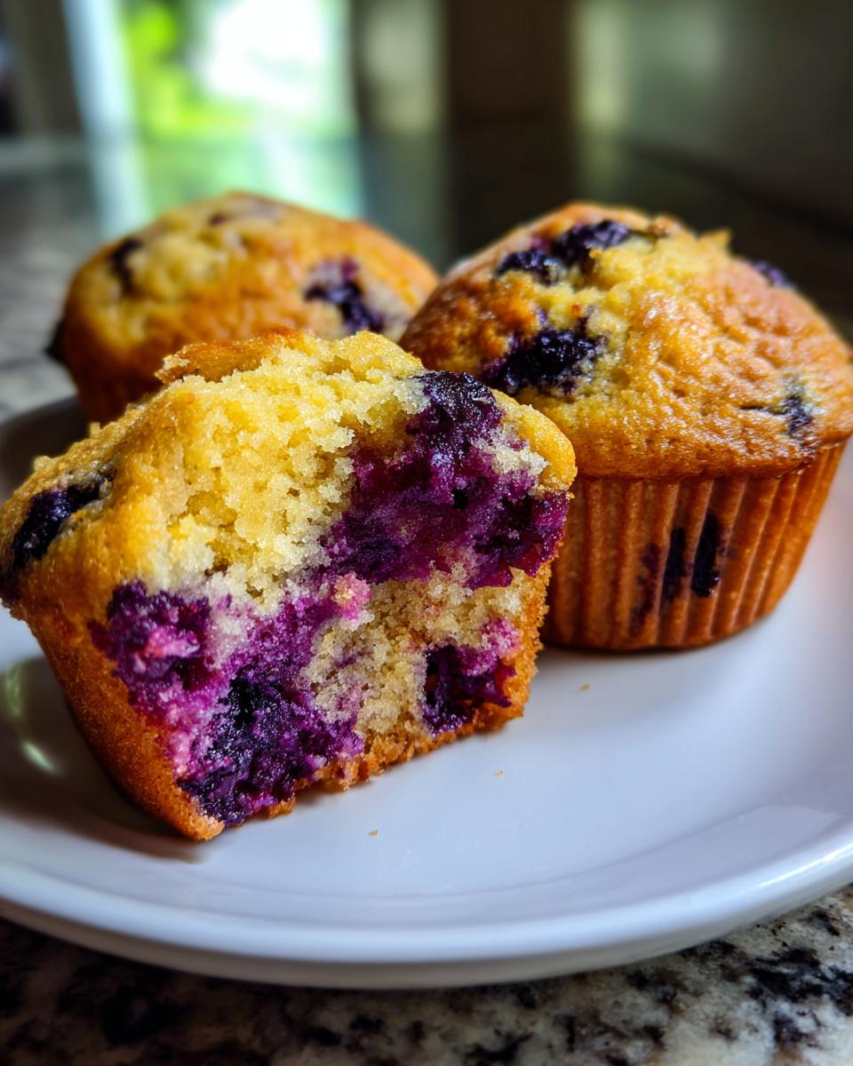 Close-up of a fluffy cottage cheese blueberry muffin cut in half showing moist texture and burst blueberries.