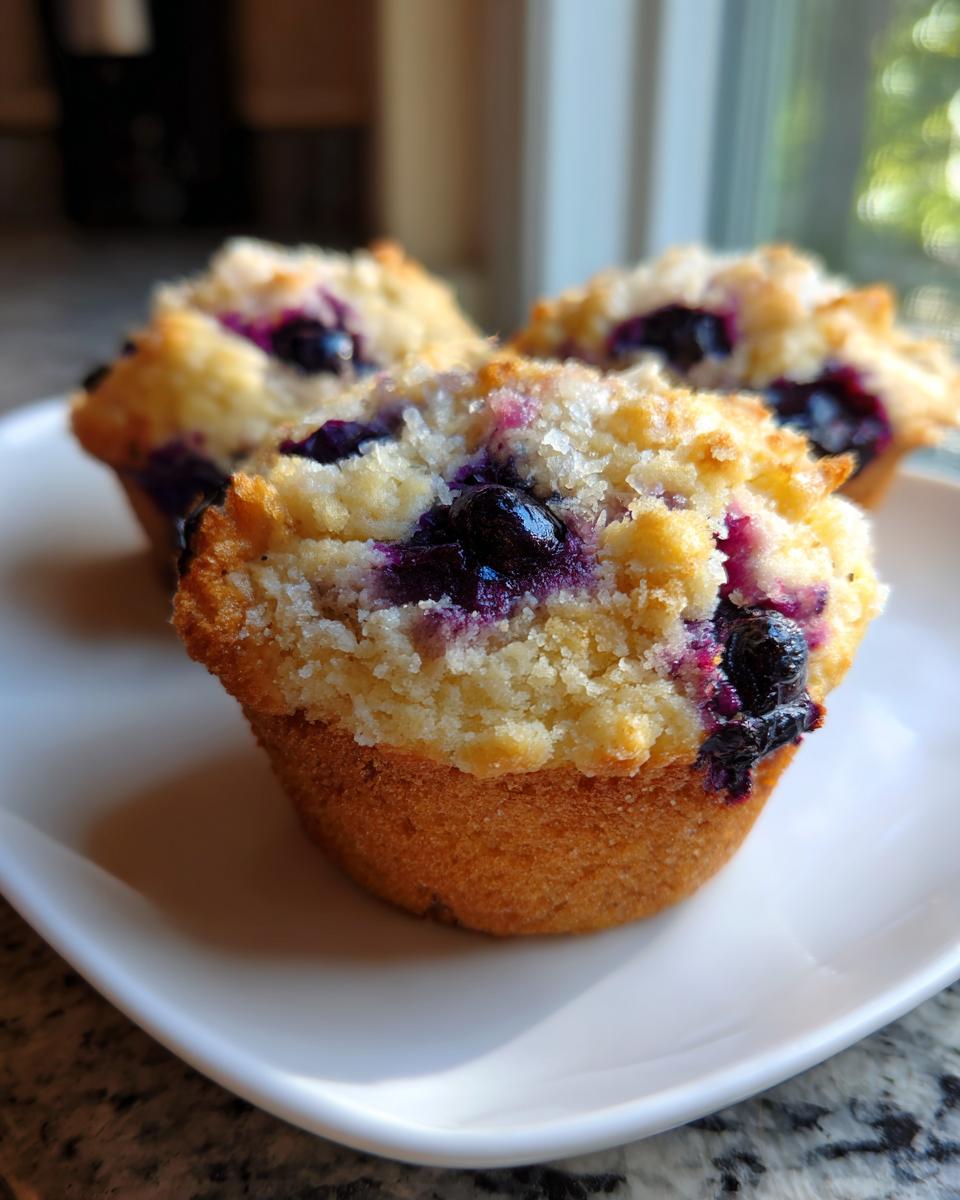 Close-up of fluffy cottage cheese blueberry muffins topped with a sugary crumble, sitting on a white plate.