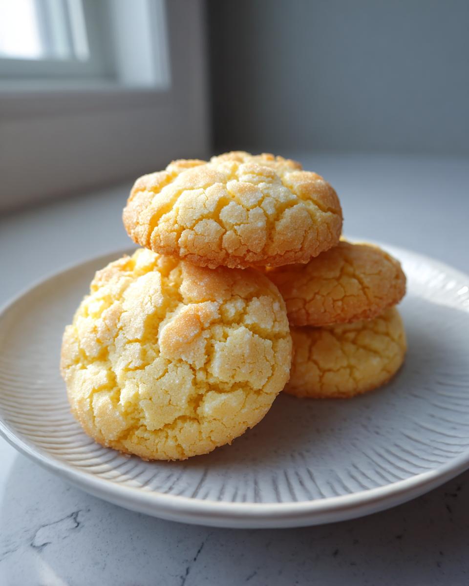 A stack of four bright yellow, crinkle-topped cake mix cookies resting on a light gray plate.