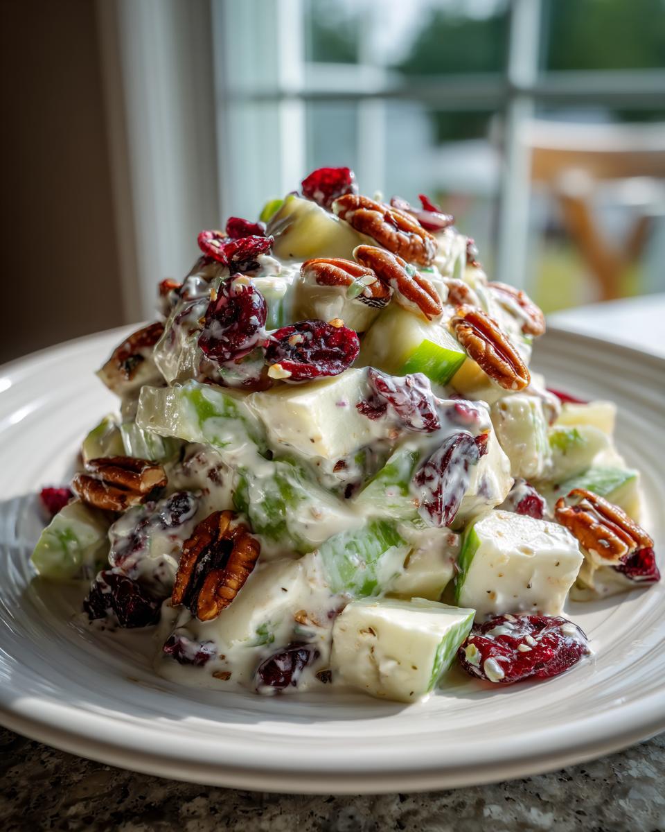 A mound of creamy apple salad featuring chunks of green apple, cheese, pecans, and dried cranberries.