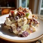 Close-up of a creamy apple salad featuring diced apples, pecans, and dried cranberries, served on a white plate.
