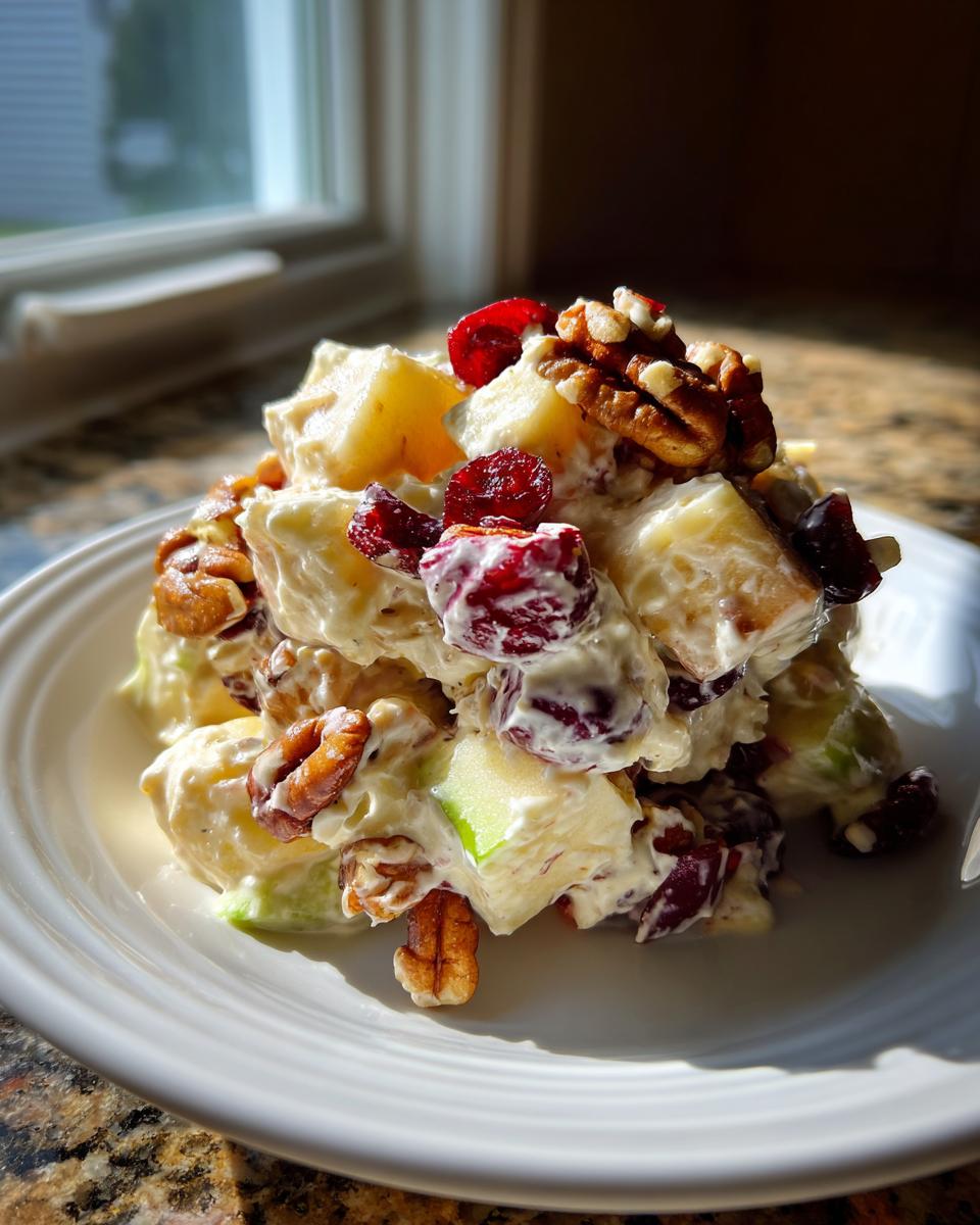 A serving of creamy apple salad mixed with pecans and dried cranberries, beautifully lit by natural window light.