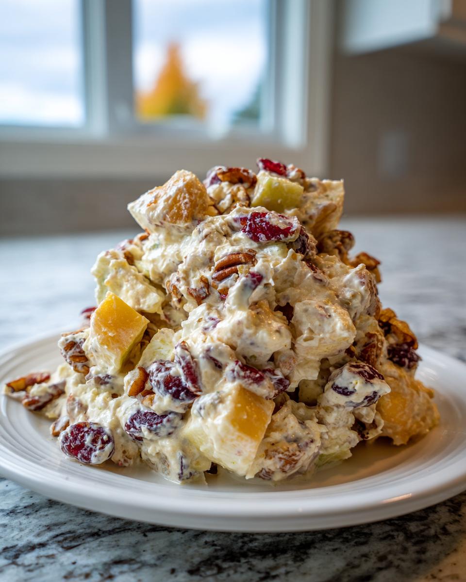 A mound of creamy apple salad mixed with pecans, dried cranberries, and chunks of fresh apple on a white plate.