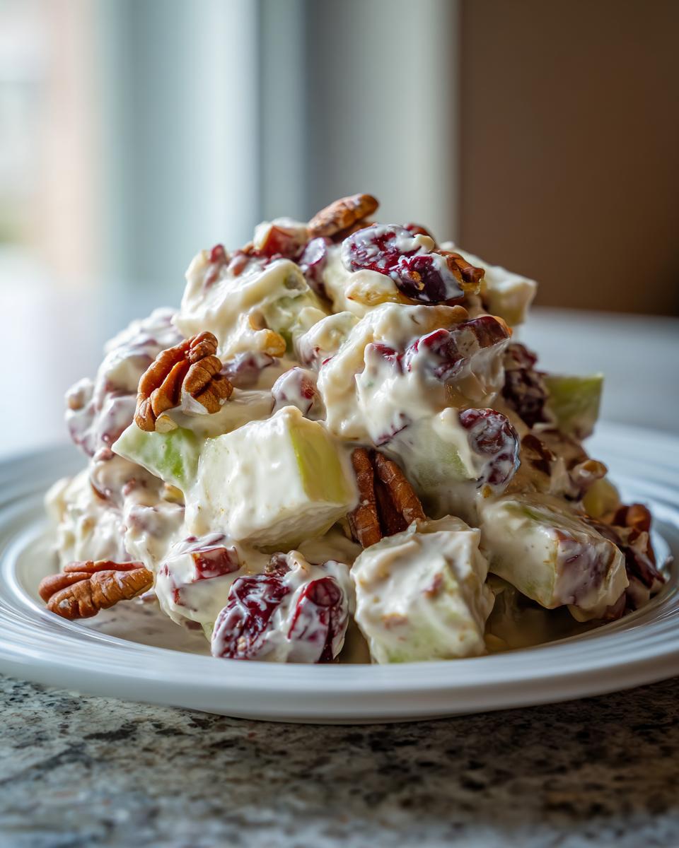 A mound of creamy apple salad featuring chunks of green apple, dried cranberries, and pecans, served on a white plate.