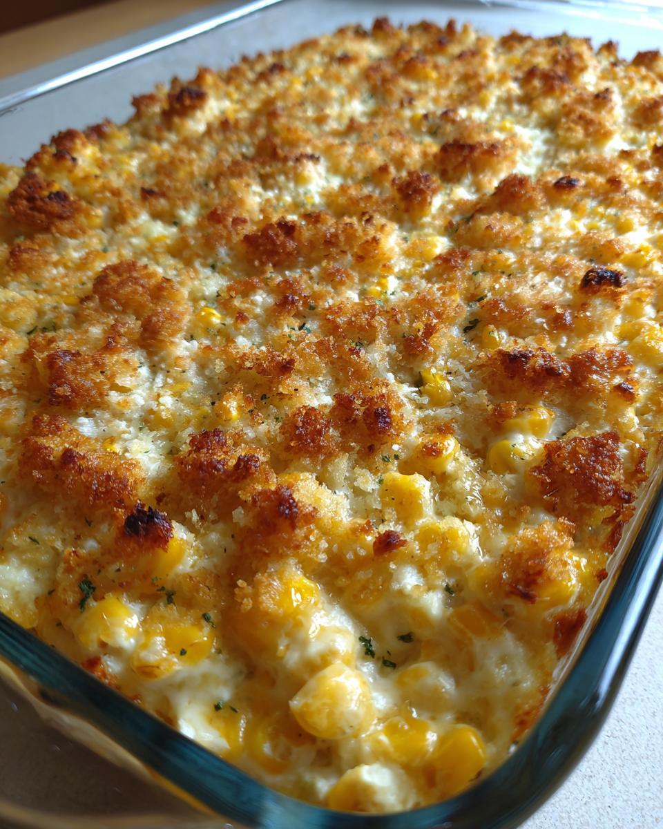 Close-up of a creamy baked elote dip in a glass dish, featuring corn kernels and a golden, crispy breadcrumb topping.