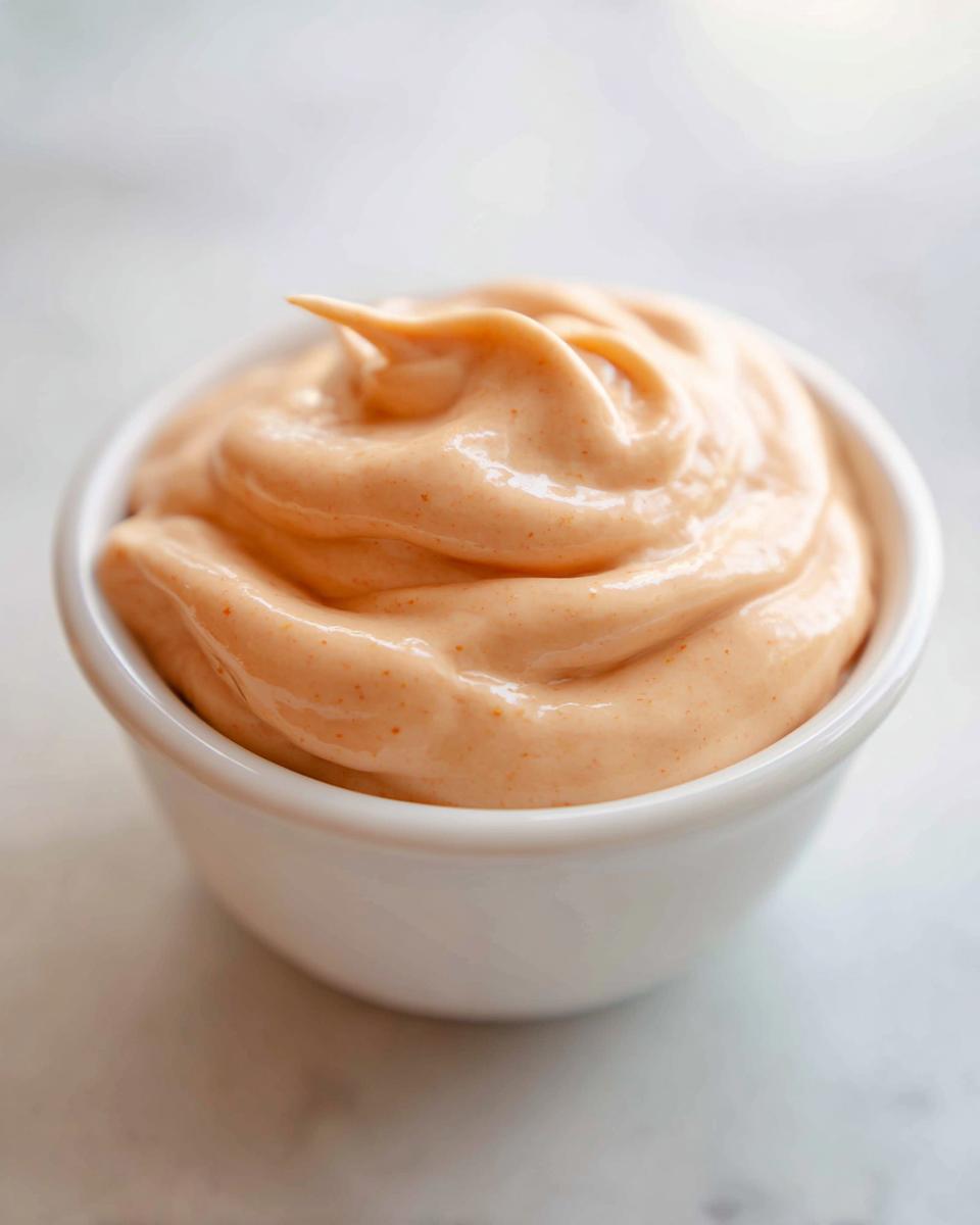 Close-up of thick, orange-pink homemade big mac sauce swirled perfectly in a small white dipping bowl.