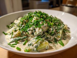 A bowl of tender braised leeks swimming in a creamy sauce and heavily garnished with fresh chopped chives.
