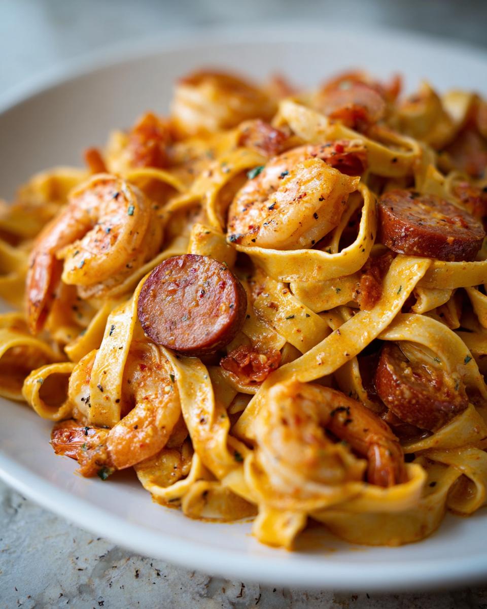 Close-up of creamy cajun shrimp pasta featuring fettuccine, seasoned shrimp, and slices of smoked sausage.