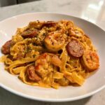 A close-up of creamy cajun shrimp pasta featuring fettuccine, seasoned shrimp, and sliced andouille sausage.