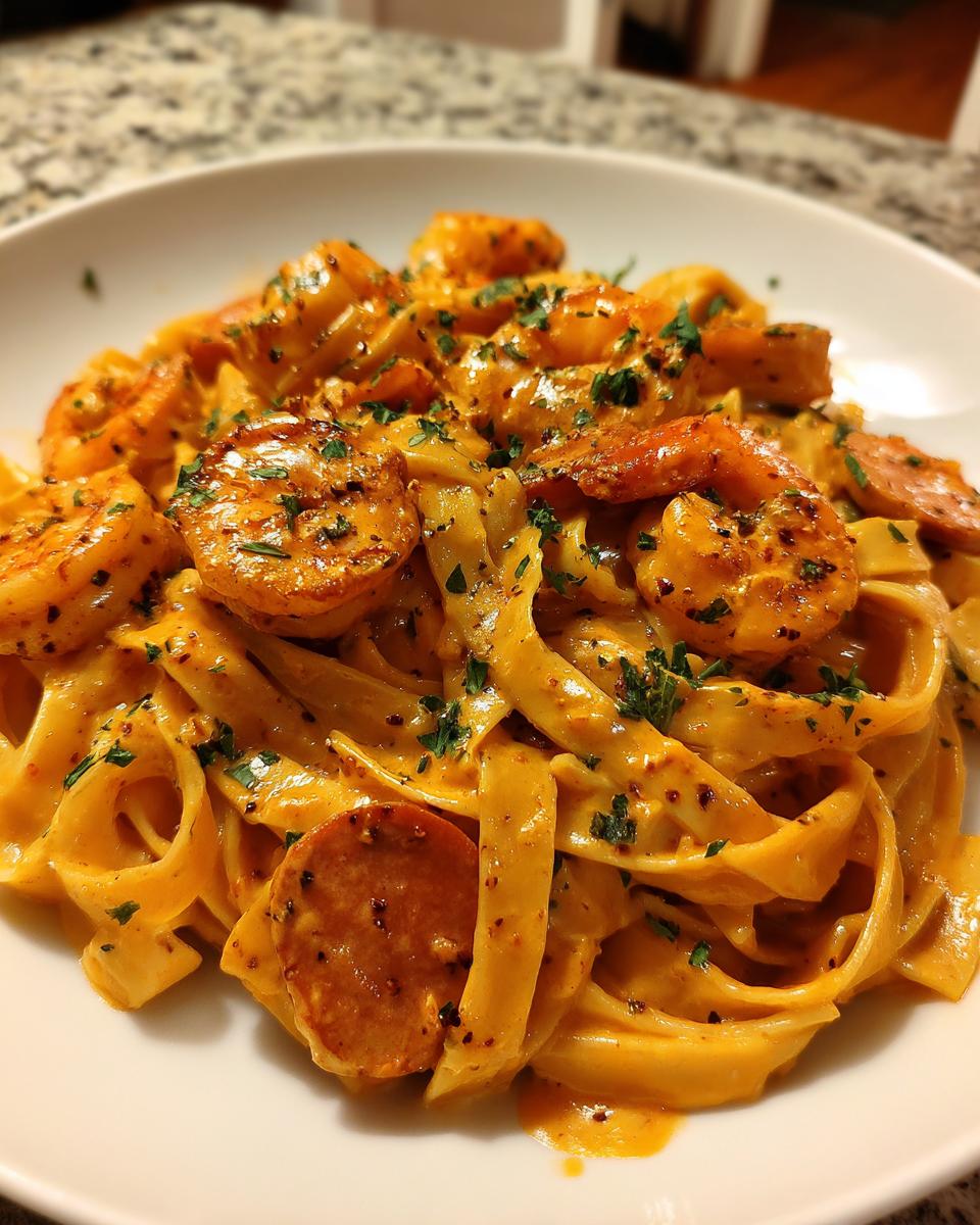A close-up of rich, creamy Cajun shrimp pasta featuring fettuccine noodles, seasoned shrimp, and sliced andouille sausage.