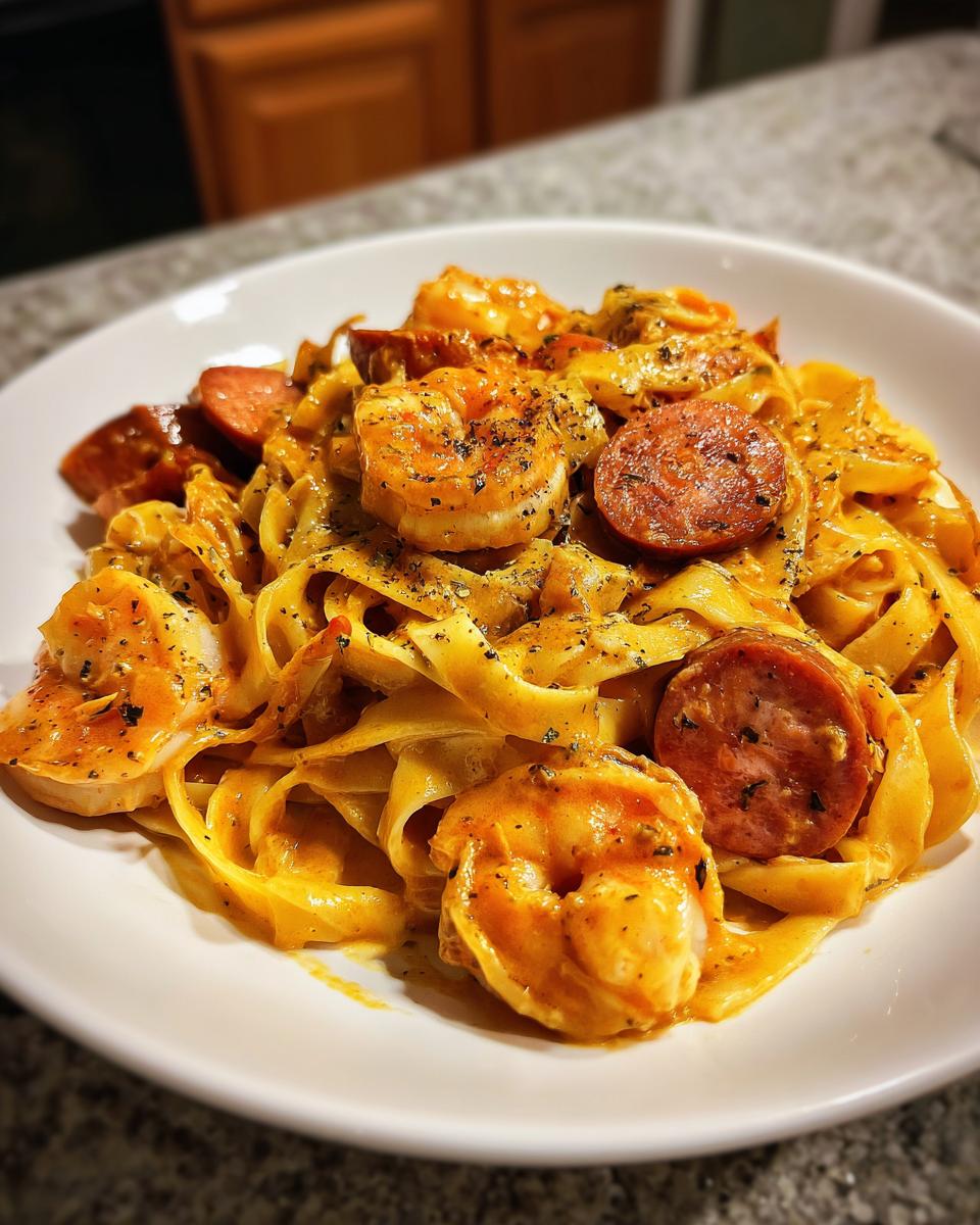 Close-up of creamy Cajun shrimp pasta featuring fettuccine, seasoned shrimp, and sliced andouille sausage.