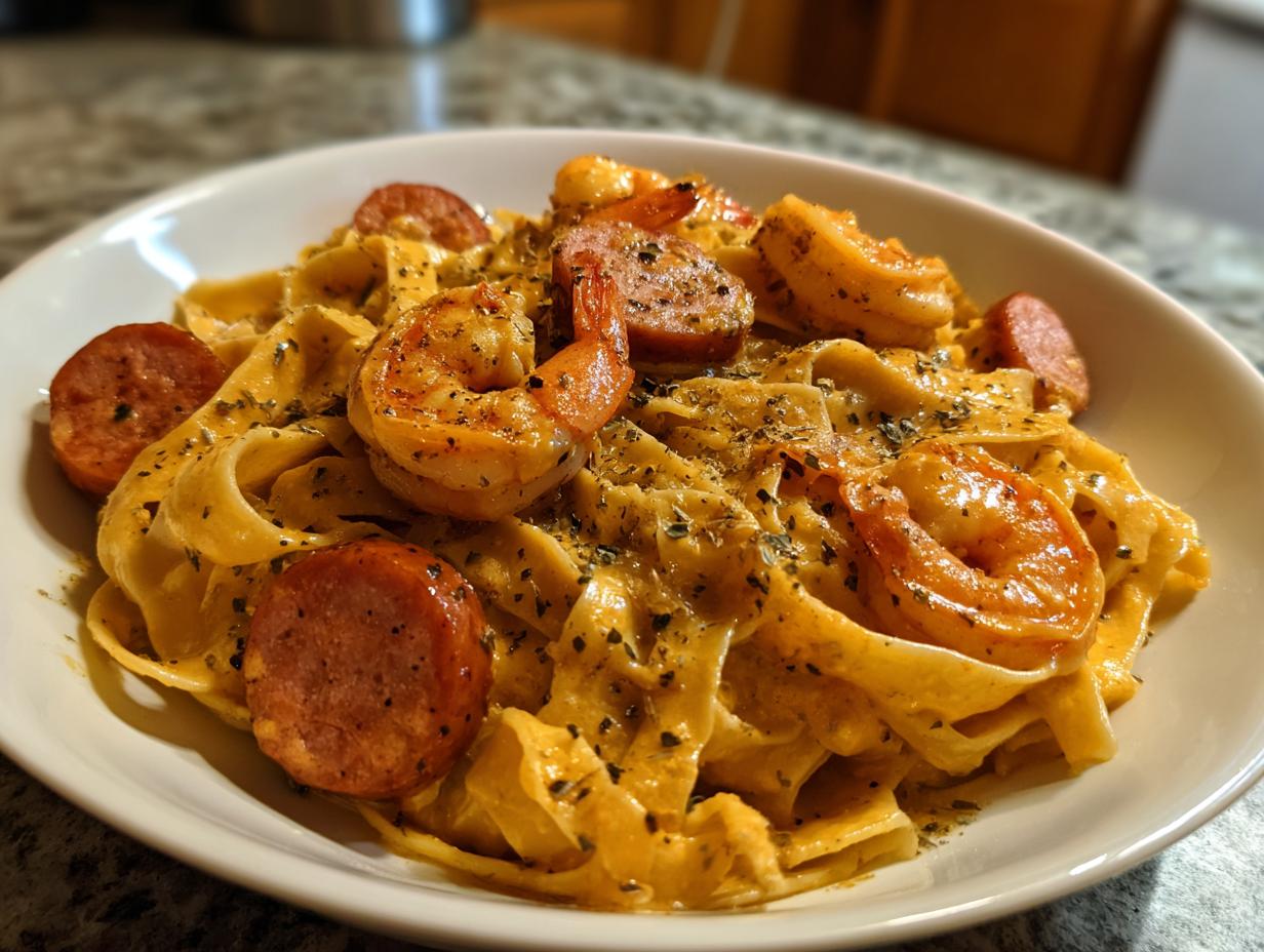 Close-up of creamy Cajun shrimp pasta featuring fettuccine, seasoned shrimp, and slices of andouille sausage.
