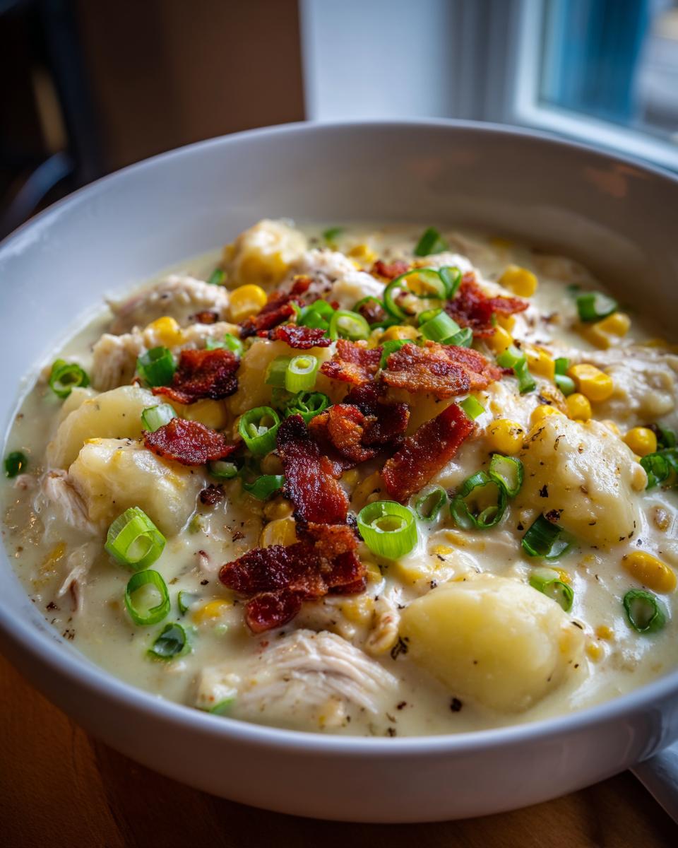 Close-up of a bowl of creamy chicken corn chowder topped with crispy bacon bits and sliced green onions.