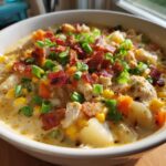 Close-up of a creamy bowl of chicken corn chowder topped generously with crumbled bacon and fresh green onions.