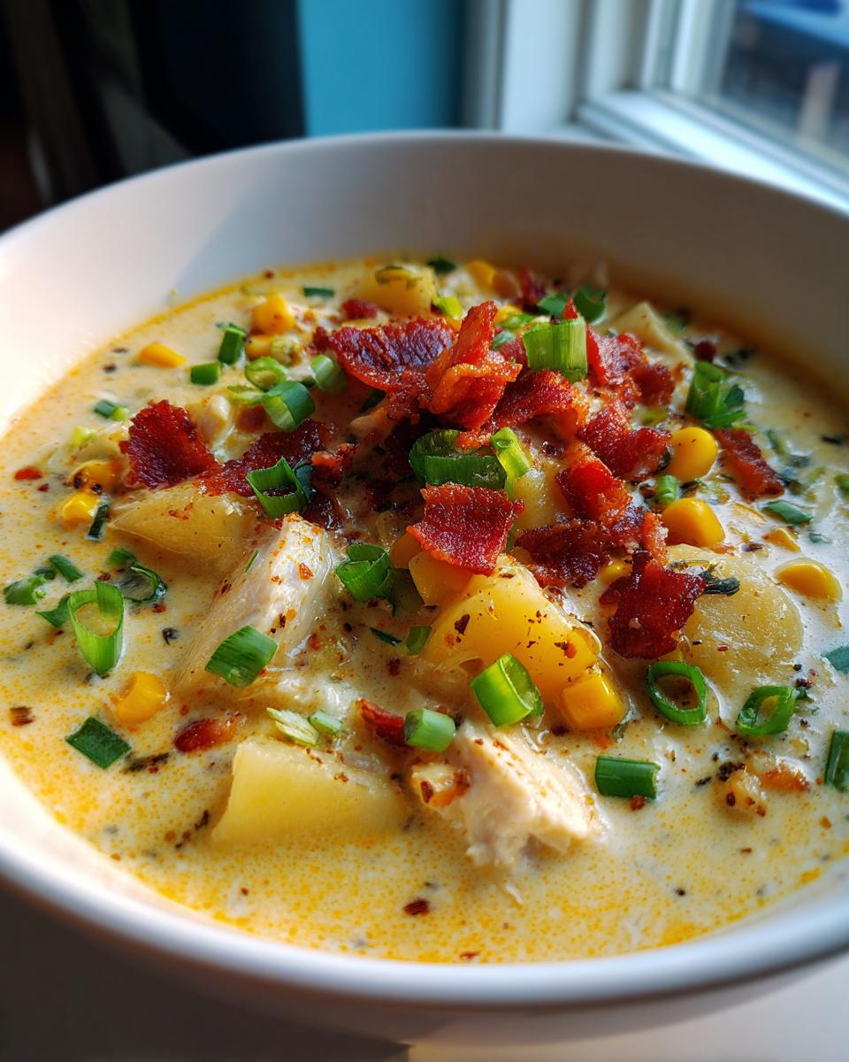 A close-up view of a hearty bowl of creamy chicken corn chowder topped with crispy bacon and green onions.