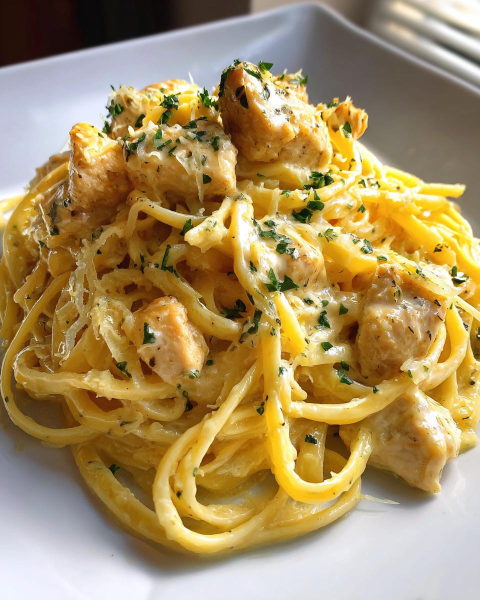 Close-up of creamy chicken pasta tossed in a rich sauce, topped with grated Parmesan and fresh parsley.