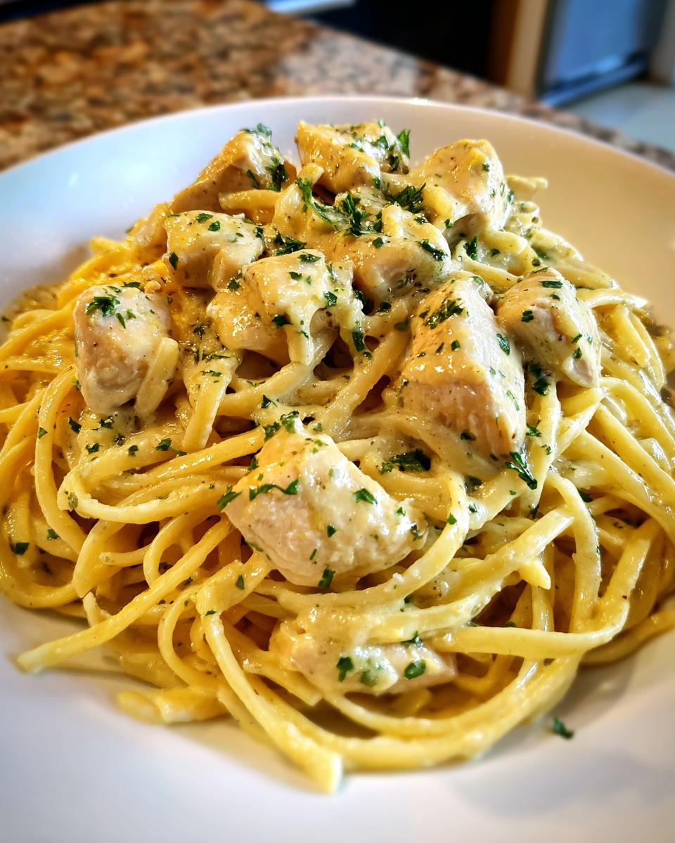 Close-up of creamy chicken pasta featuring linguine coated in a rich sauce and topped with diced chicken pieces and fresh parsley.