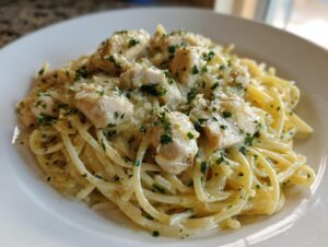 Close-up of a serving of creamy chicken pasta topped with chopped parsley and Parmesan cheese.