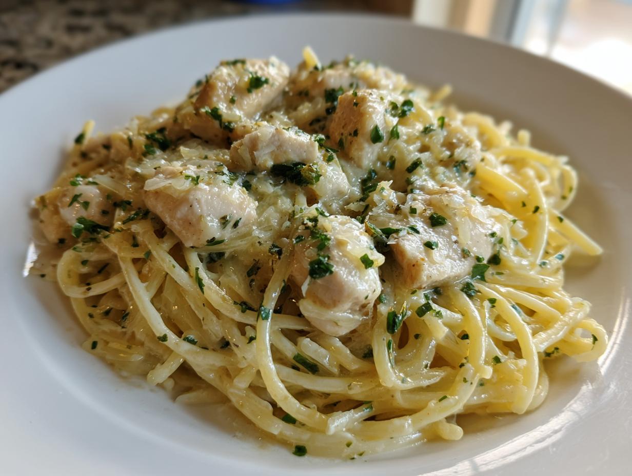 Close-up of a serving of creamy chicken pasta topped with chopped parsley and Parmesan cheese.