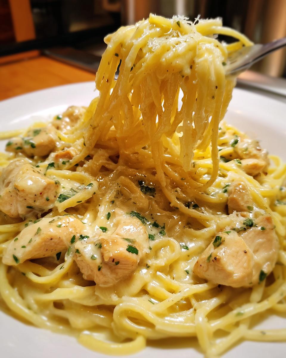 Close-up of creamy chicken pasta being lifted with a fork, showing tender chicken pieces and parmesan.