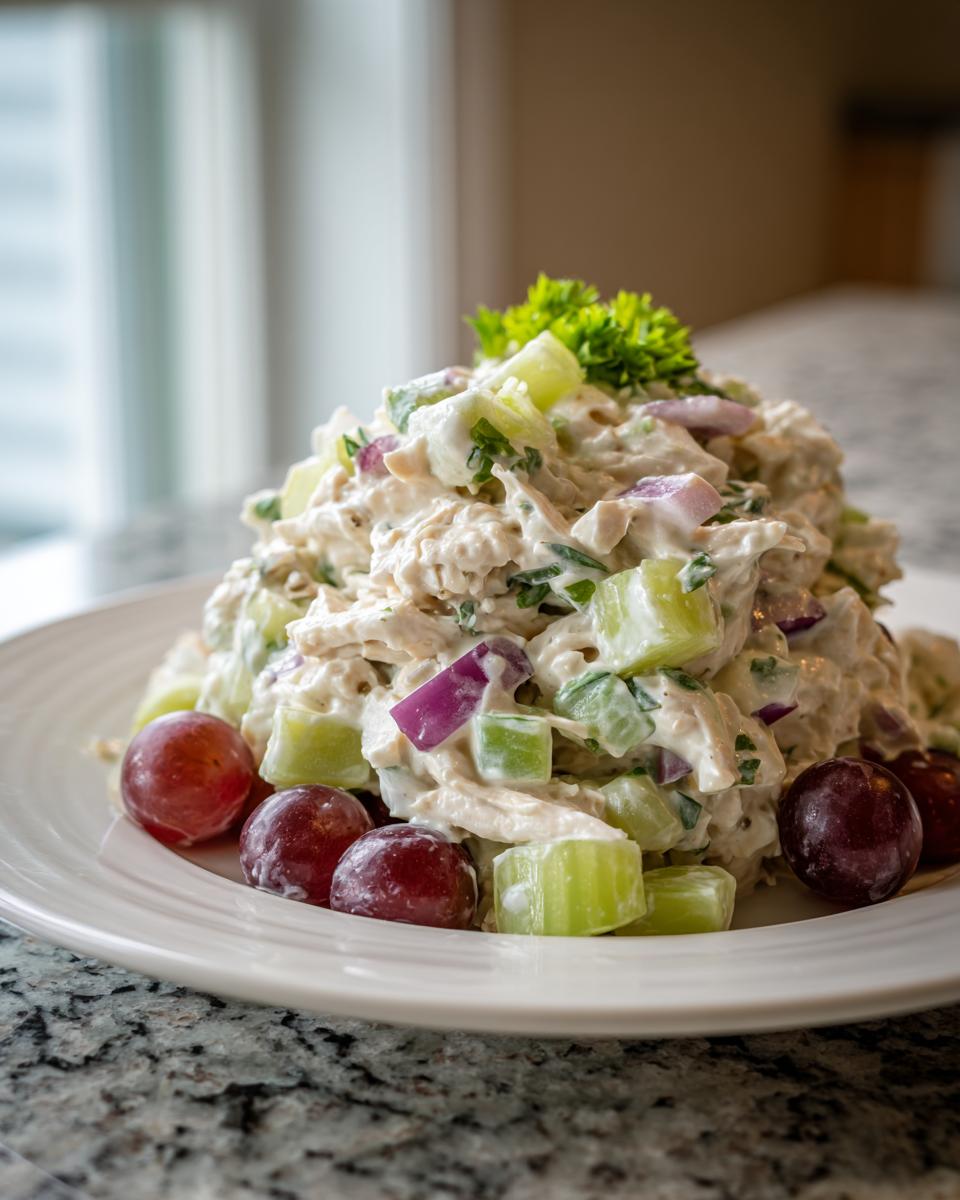 A mound of creamy chicken protein salad mixed with celery and red onion, garnished with red grapes.