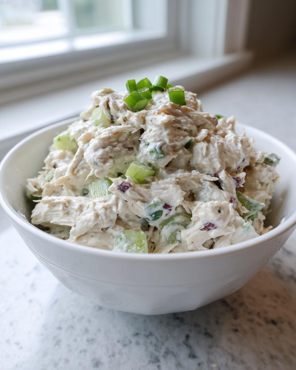 Close-up of creamy chicken salad recipe with celery chunks, topped with fresh green onions.
