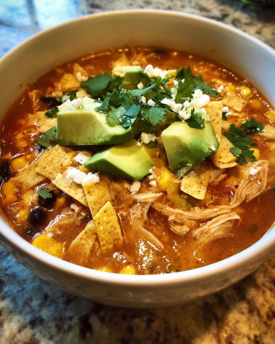 A close-up of a bowl of creamy chicken tortilla soup topped with avocado, cilantro, cheese, and tortilla strips.