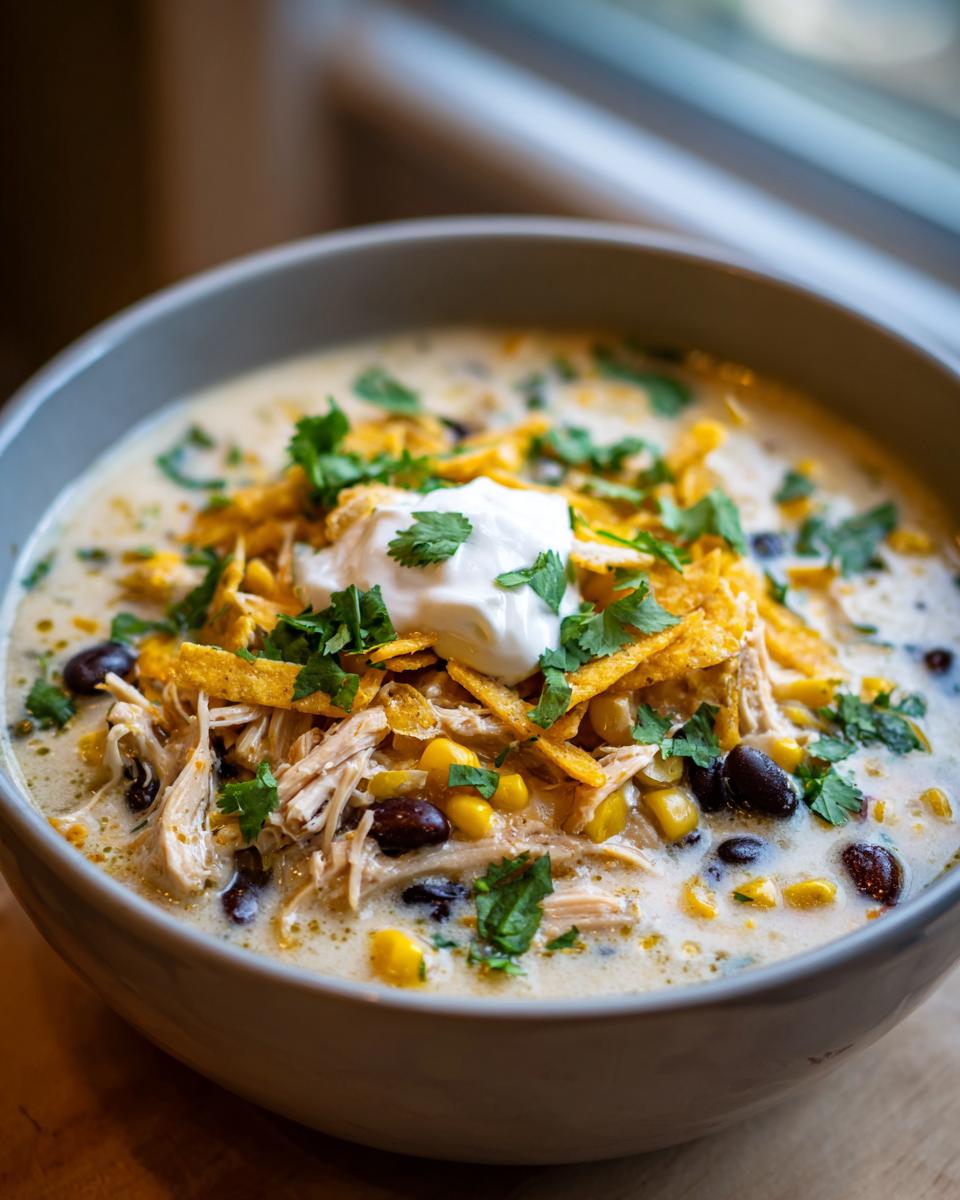 Close-up of creamy chicken tortilla soup crock pot topped with sour cream, cilantro, and tortilla strips.