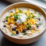 A close-up of a bowl of creamy chicken tortilla soup crock pot topped with cheese, sour cream, and cilantro.