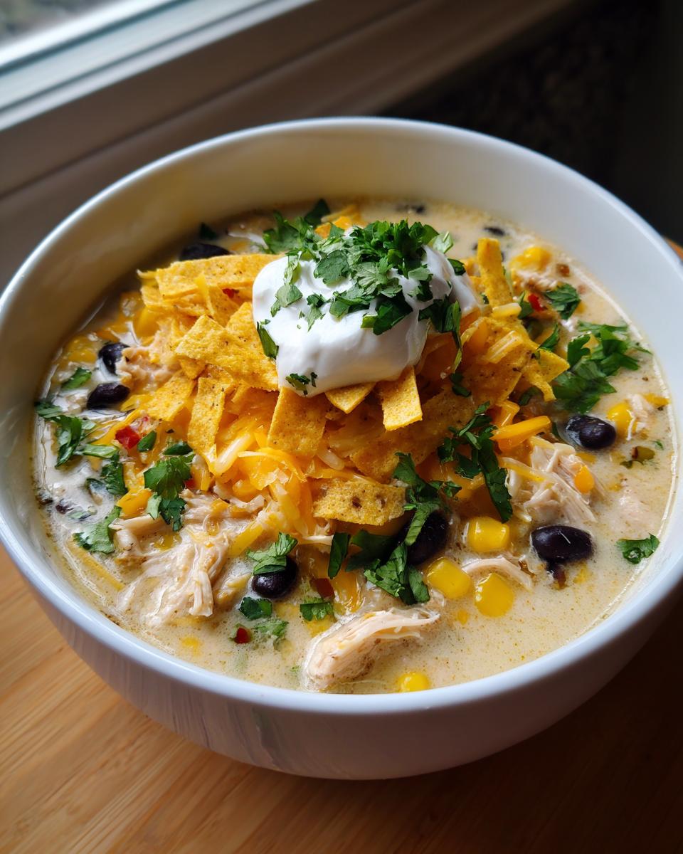 A close-up of creamy chicken tortilla soup crock pot topped with sour cream, cheese, tortilla strips, and cilantro.