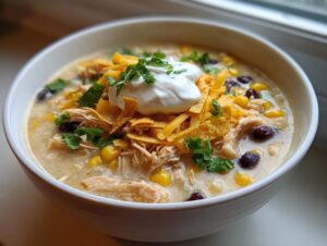 A close-up of creamy chicken tortilla soup crock pot topped with sour cream, cheese, and cilantro.