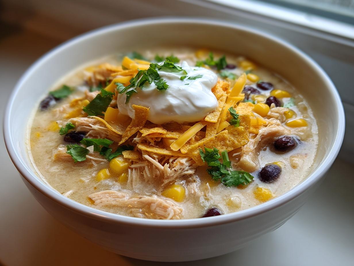 A close-up of creamy chicken tortilla soup crock pot topped with sour cream, cheese, and cilantro.