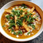 Close-up of a bowl of creamy chicken tortilla soup Instant Pot topped with cilantro and tortilla strips.
