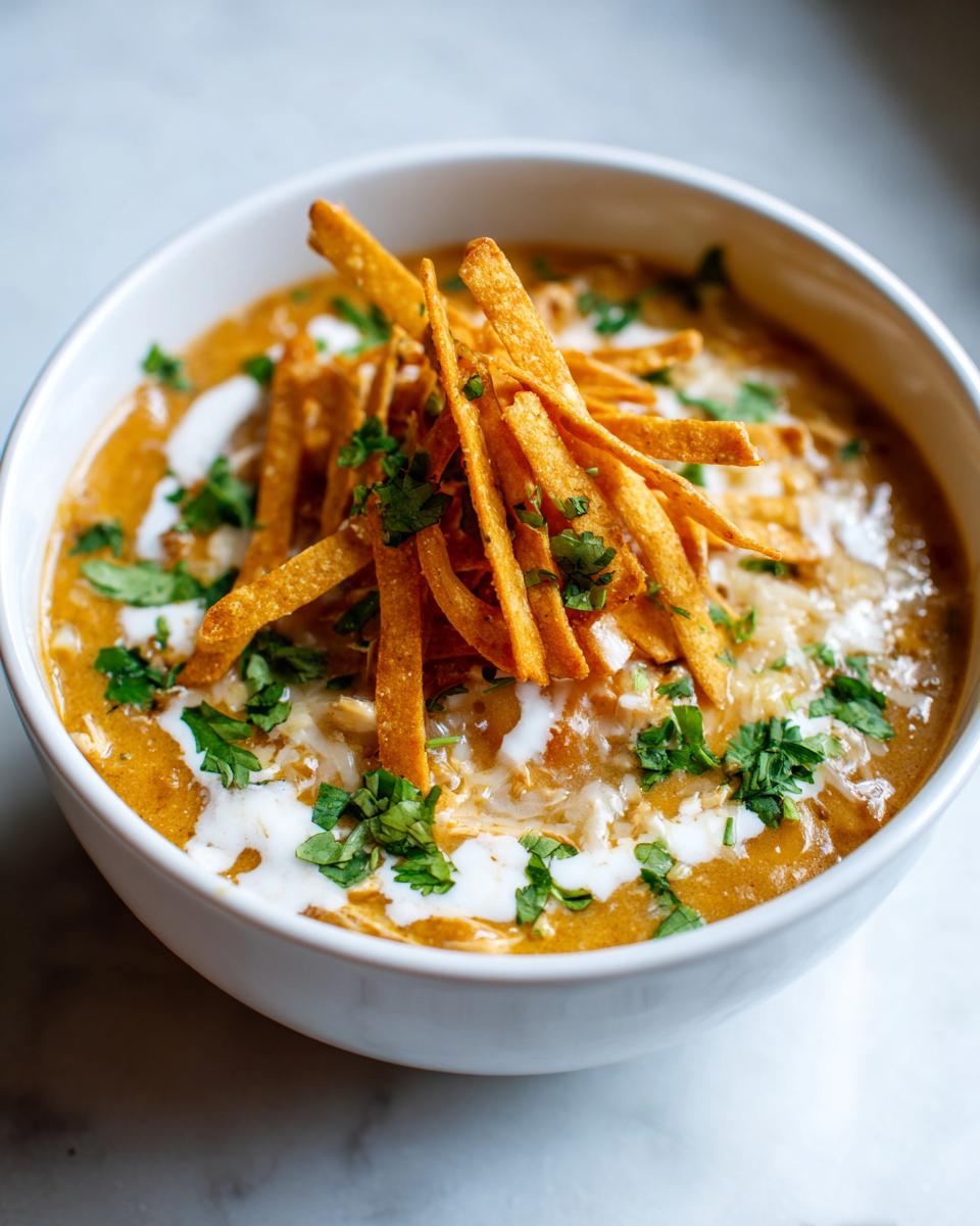 A close-up of a bowl of creamy chicken tortilla soup instant pot, garnished with tortilla strips, sour cream, and cilantro.
