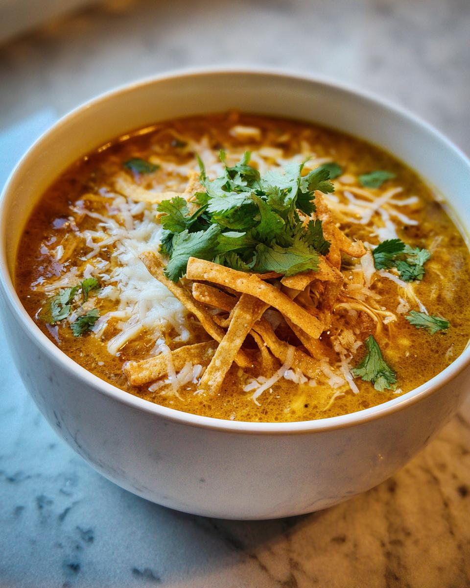 A close-up of a bowl of creamy chicken tortilla soup instant pot topped with shredded cheese, cilantro, and tortilla strips.