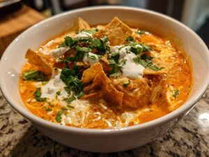 A close-up of a bowl of creamy chicken tortilla soup Instant Pot topped with sour cream, cilantro, and tortilla strips.