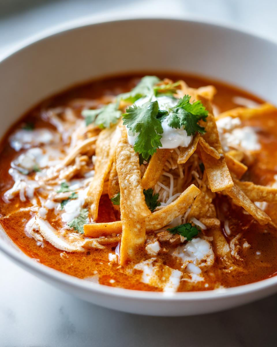 Close-up of a bowl of creamy chicken tortilla soup instant pot topped with tortilla strips, sour cream, and cilantro.