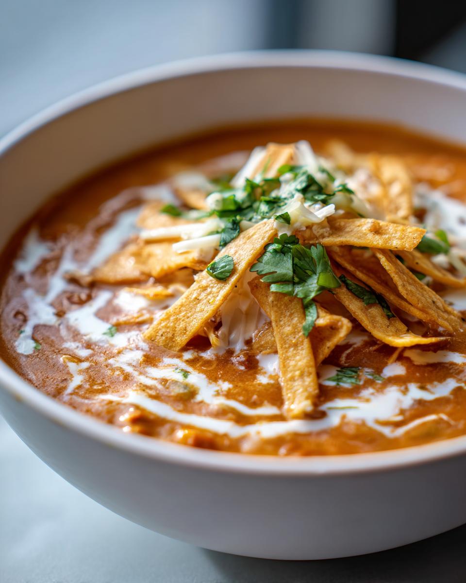 Close-up of a bowl of creamy chicken tortilla soup instant pot topped with crispy tortilla strips, cheese, and cilantro.