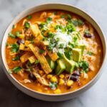 Close-up of a bowl of creamy chicken tortilla soup topped with avocado, tortilla strips, cheese, and cilantro.