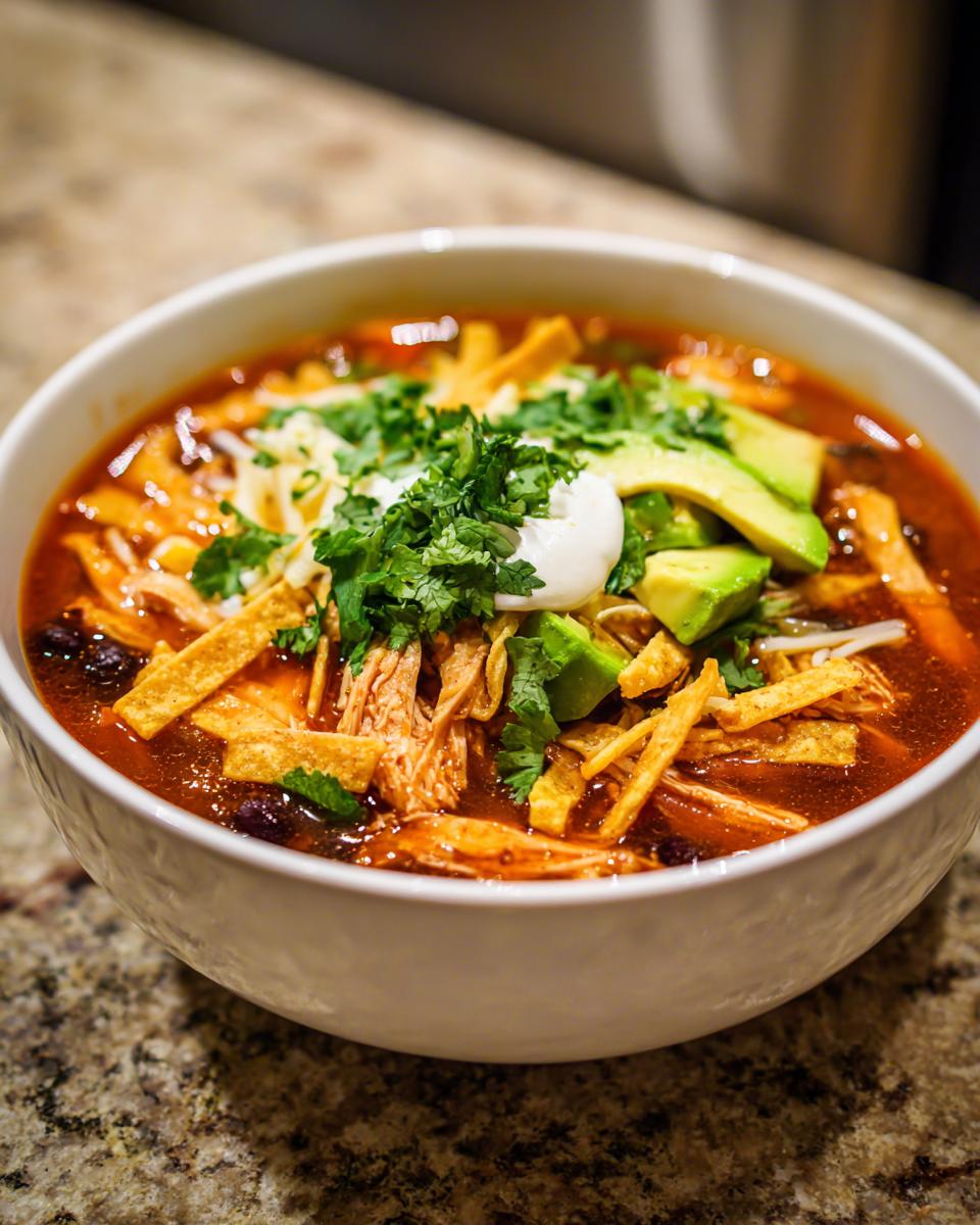 A close-up of a white bowl filled with creamy chicken tortilla soup, topped with avocado, sour cream, cilantro, and tortilla strips.