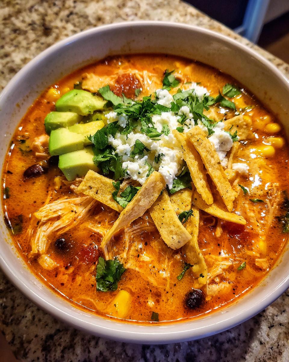 A vibrant bowl of creamy chicken tortilla soup topped with avocado, cotija cheese, cilantro, and tortilla strips.