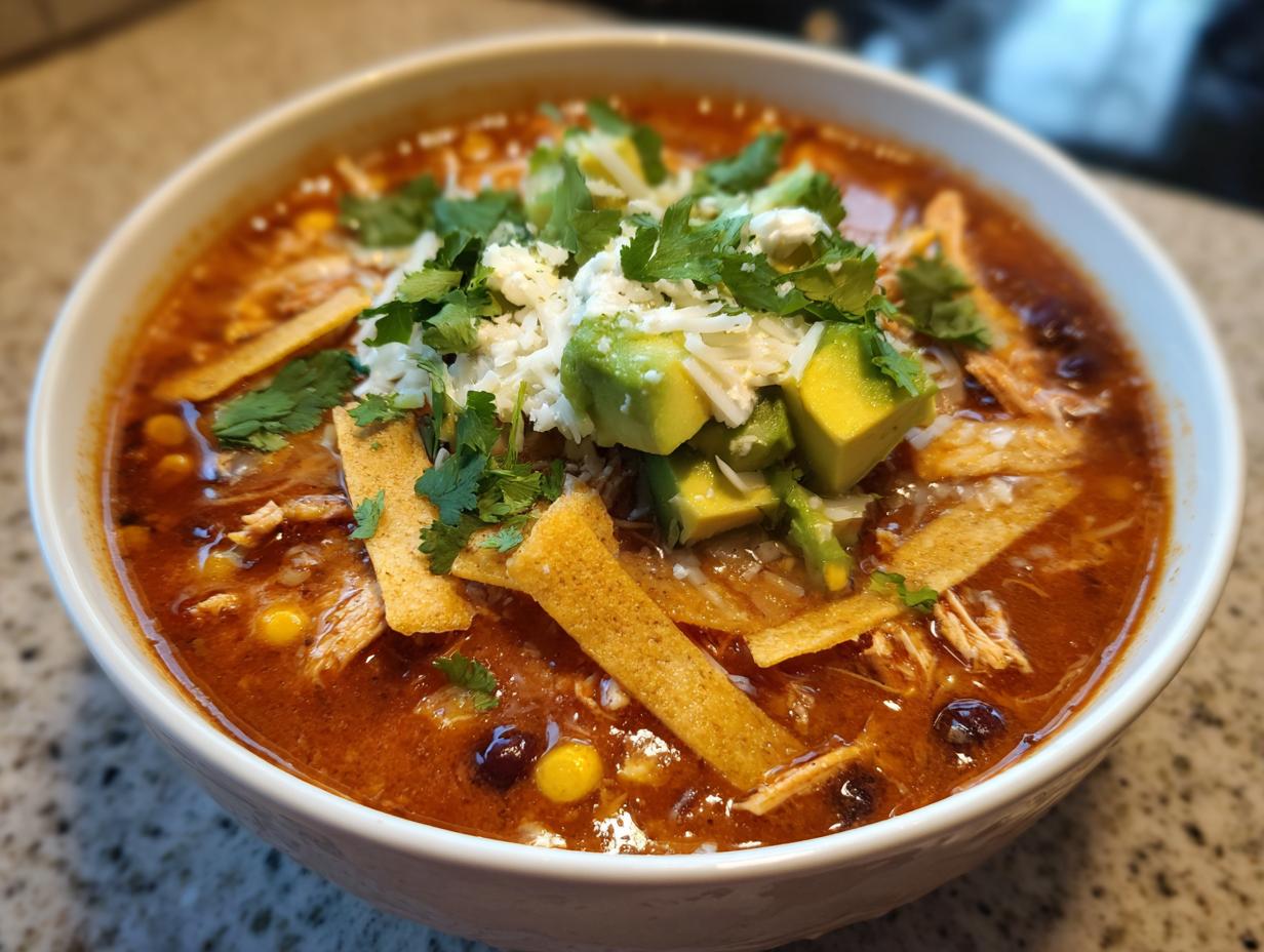 A close-up of a bowl of creamy chicken tortilla soup topped with avocado, cheese, cilantro, and tortilla strips.