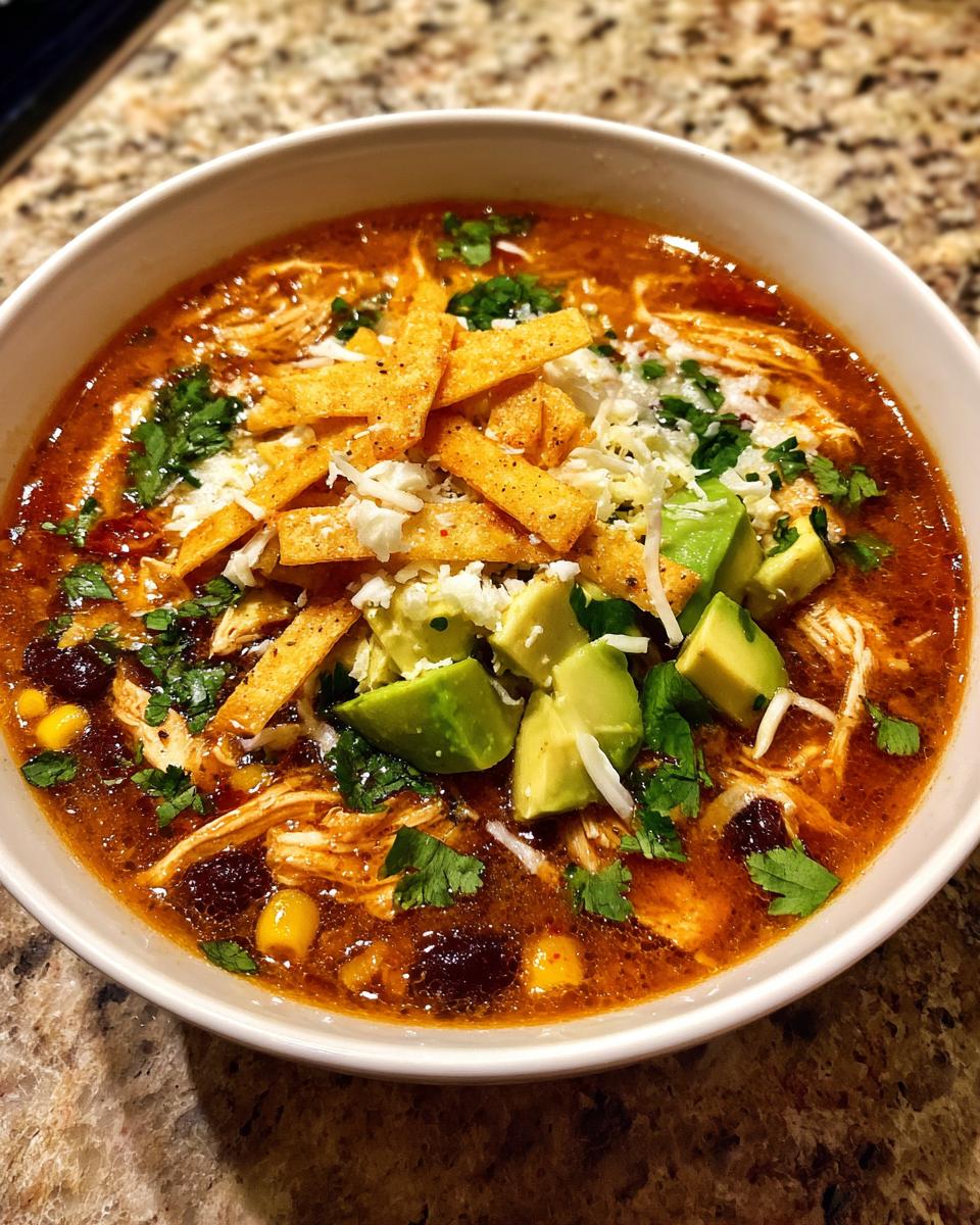 A close-up of a bowl of creamy chicken tortilla soup topped with avocado, cheese, cilantro, and tortilla strips.
