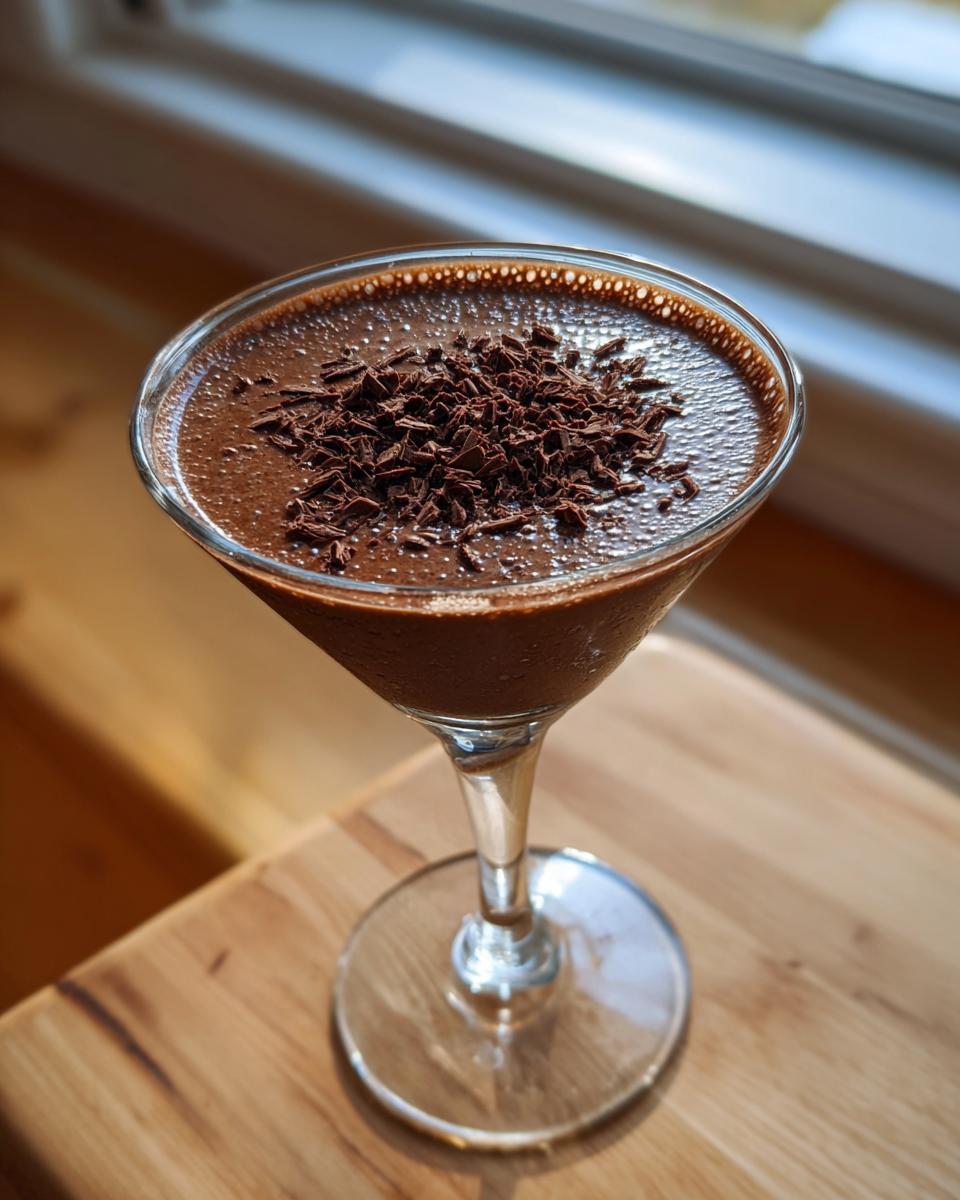 A creamy, dark chocolate martini in a stemmed glass, garnished with chocolate shavings.