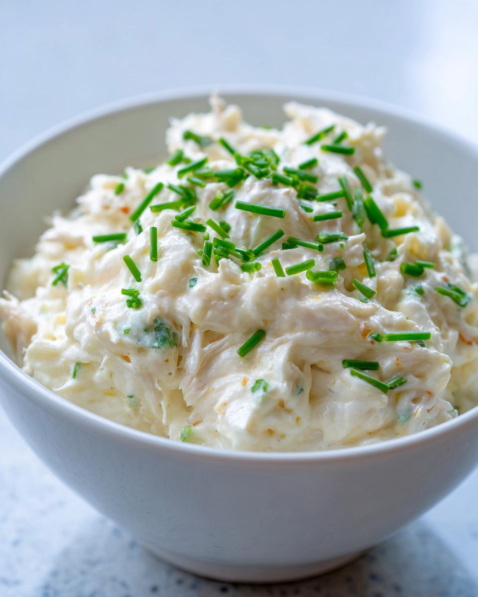 A close-up of creamy cold crab dip in a white bowl, garnished generously with chopped fresh green chives.