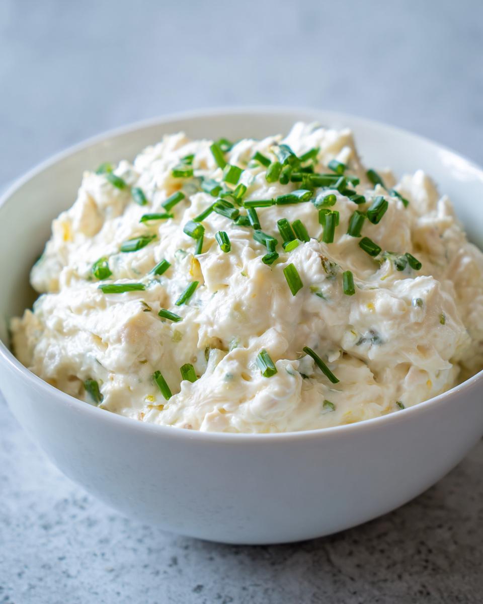 A bowl filled with creamy cold crab dip, garnished generously with chopped green chives.