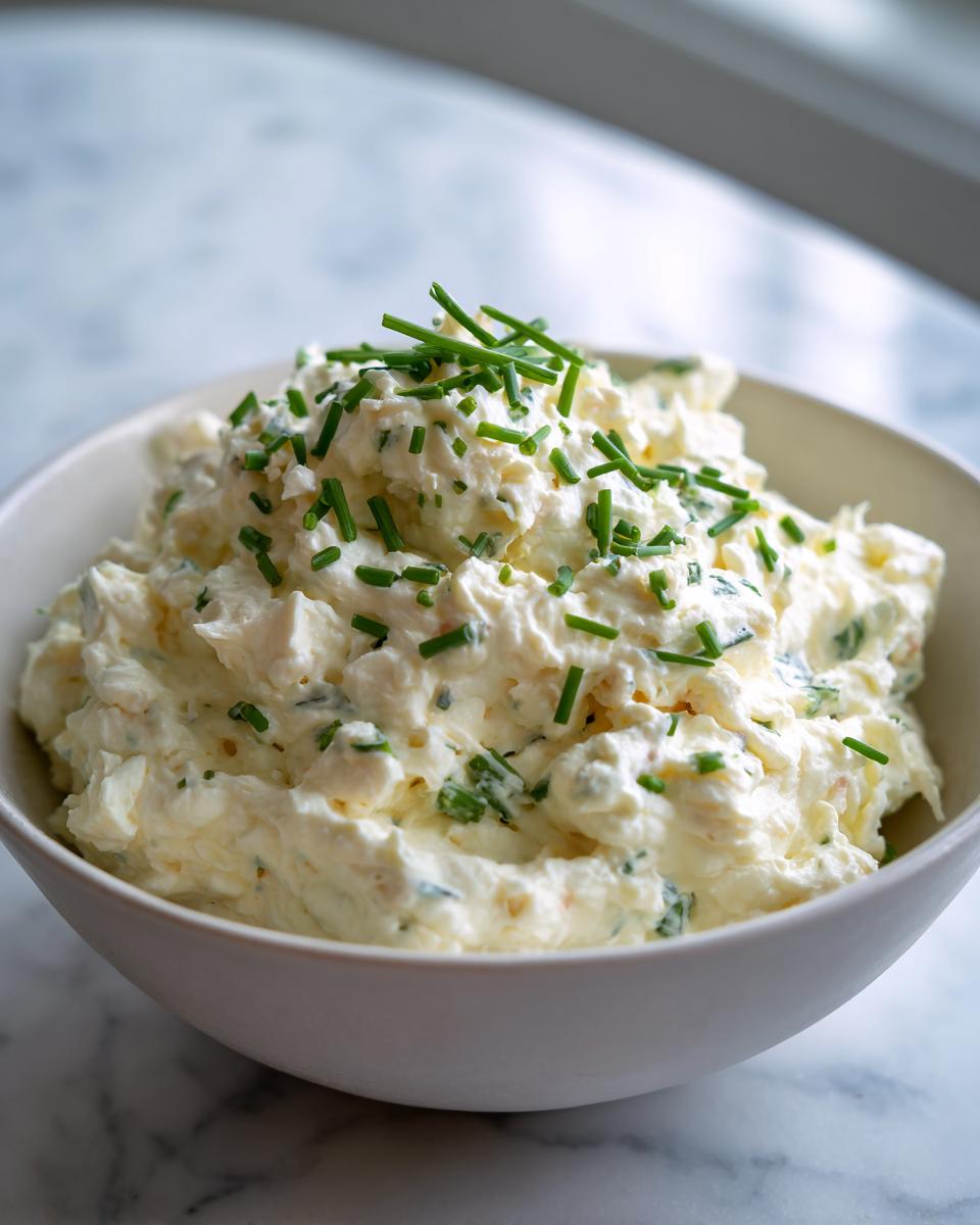 A close-up of a bowl filled with creamy cold crab dip, garnished generously with freshly chopped green chives.